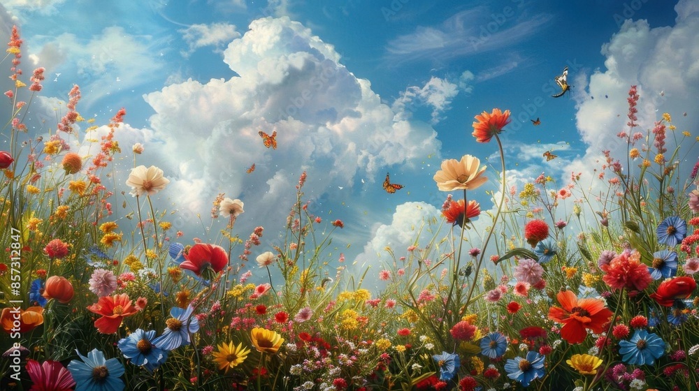A vibrant meadow filled with a variety of wildflowers in full bloom A vibrant meadow filled with a variety of wildflowers in full bloom
