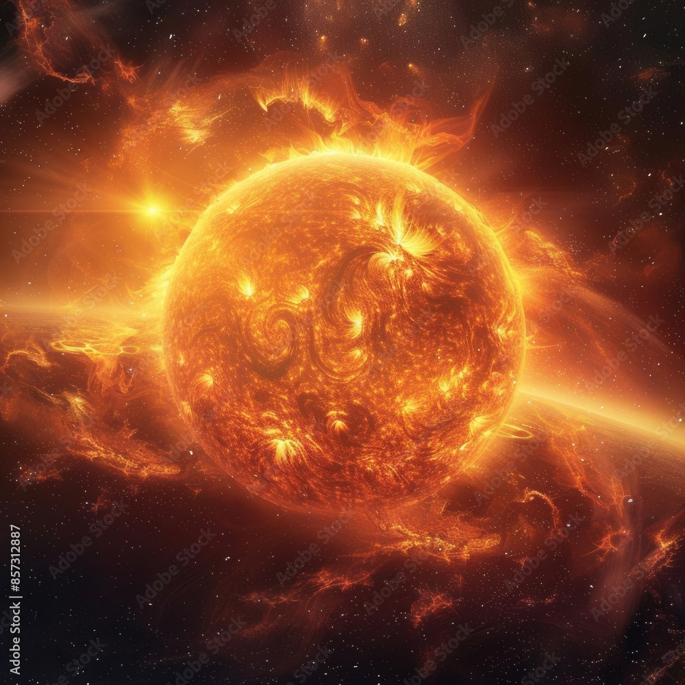 Fototapeta premium Sun in the vastness of space, radiant and fiery, surrounded by stars, panoramic view, glowing orange and yellow, powerful cosmic scene