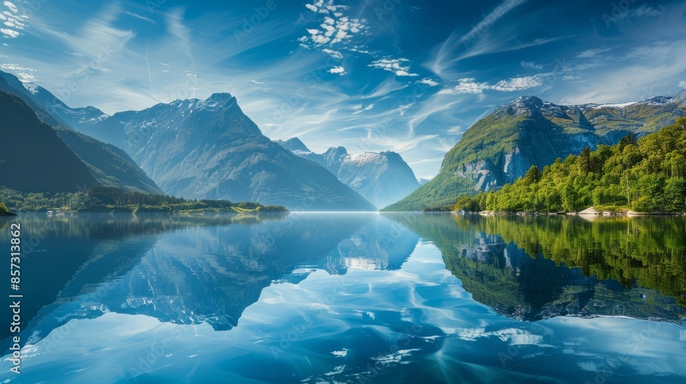 Beautiful landscape with a fantastic view of a lake and the mountains reflected in the water, 16:9 Beautiful landscape with a fantastic view of a lake and the mountains reflected in the water, 16:9