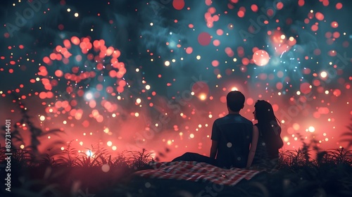 Couple Enjoying Fireworks Display on Grassy Hillside at Night