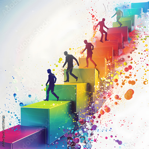 A businessman ascends a staircase adorned with vibrant, multi-colored steps, symbolizing his journey towards success and innovation. Each step represents a milestone or achievement, reflecting his.