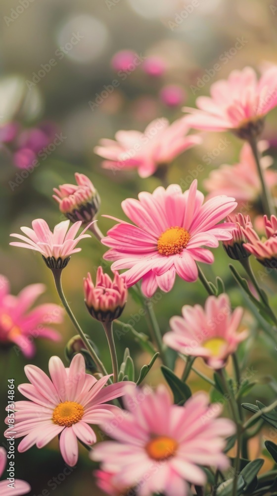 Close-up of vibrant pink daisies in bloom with soft focus background, nature beauty concept Close-up of vibrant pink daisies in bloom with soft focus background, nature beauty concept