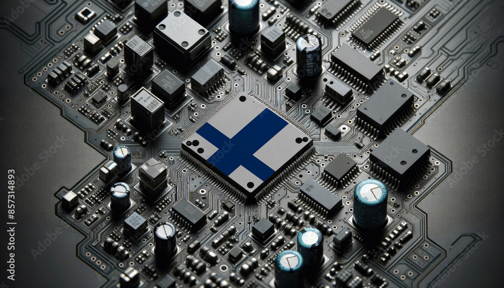 A complex circuit board featuring a central microchip with the Finland flag, representing the cutting-edge technology and innovation in the Finland electronics industry A complex circuit board featuring a central microchip with the Finland flag, representing the cutting-edge technology and innovation in the Finland electronics industry