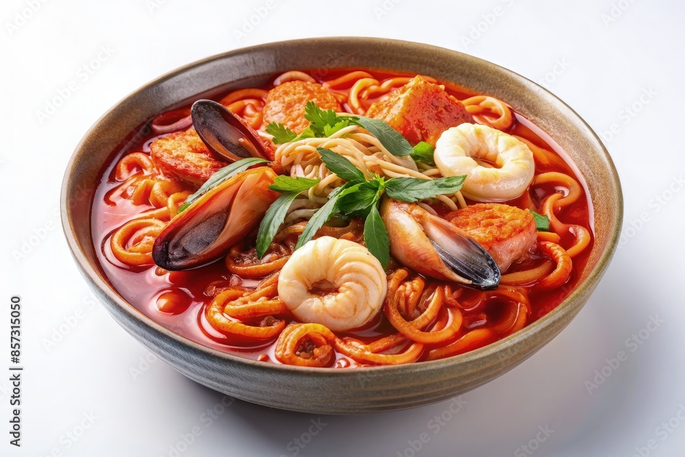 A Bowl of Spicy Korean Seafood Ramen With Curly Noodles. Generative AI