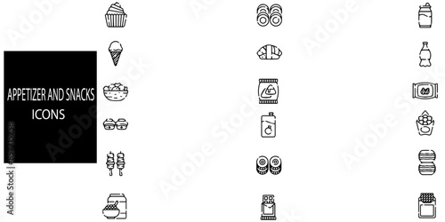 Appetizer and snacks 18 icons. Burrito, churros, karaage, corndog, falafel, bruschetta. Menu for restaurant and cafe. Fast food. Pixel Perfect Vector Thin Line Icons.Vector illustration.