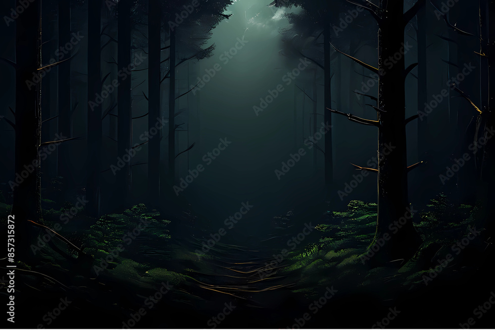 Fototapeta premium night view of the forest with a dark background, trees mountains land hills valleys at night, Generative AI