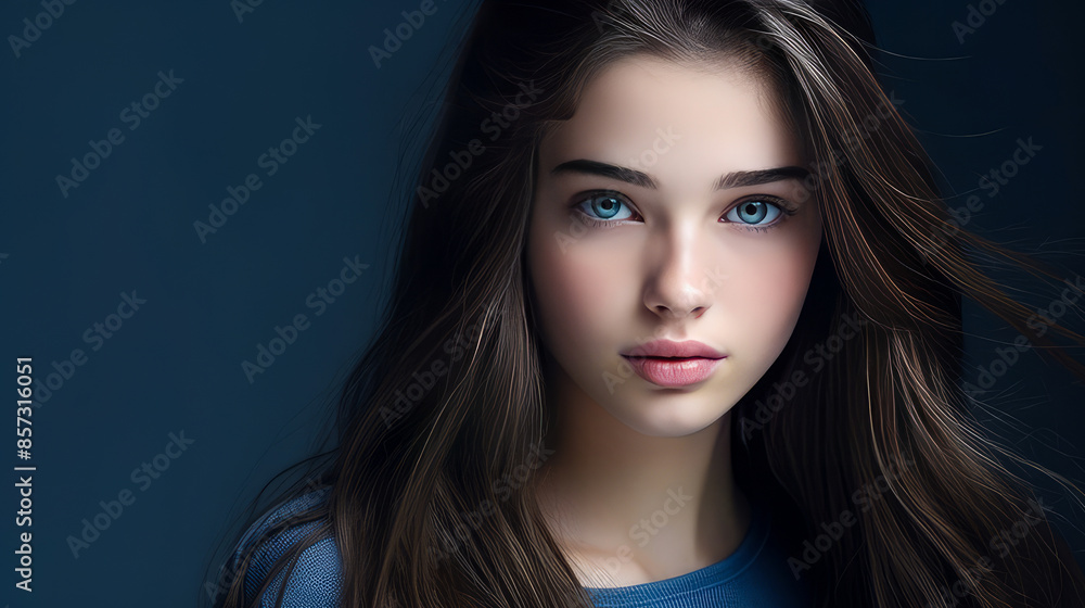 Portrait of a serious aggressive teenage girl with perfect skin, dark blue background, banner. Portrait of a serious aggressive teenage girl with perfect skin, dark blue background, banner.