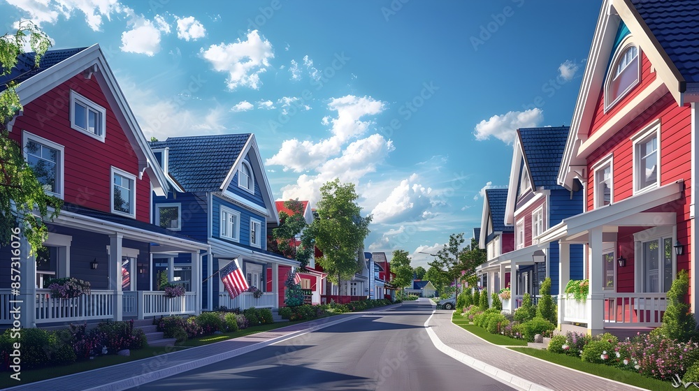Obraz premium Minimalist Patriotic Adorning Suburban Street in 3D Render Art
