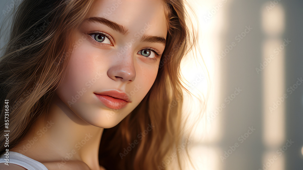 Naklejka premium Portrait of a serious aggressive teenage girl with perfect skin, silver background, banner.