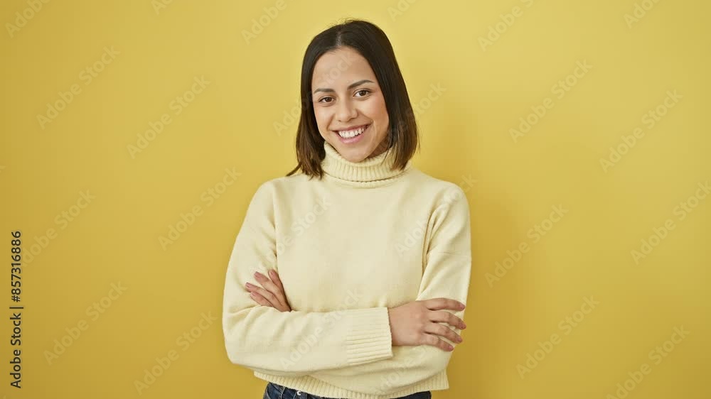 Picture perfect, young, beautiful hispanic woman, positively beaming, stands looking confident with crossed arms, sweater and all. captured against a sunny yellow isolated background! Picture perfect, young, beautiful hispanic woman, positively beaming, stands looking confident with crossed arms, sweater and all. captured against a sunny yellow isolated background!