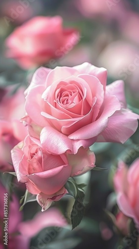Close-up of blooming pink roses in a garden, romantic and tranquil theme
