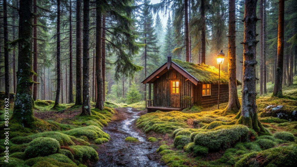 A Cozy Cabin Nestled in a Nordic Forest at Dusk. Generative AI A Cozy Cabin Nestled in a Nordic Forest at Dusk. Generative AI