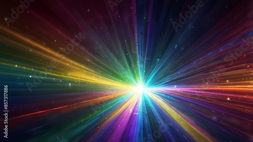Abstract light background with radiant, multicolored beams converging at a central point