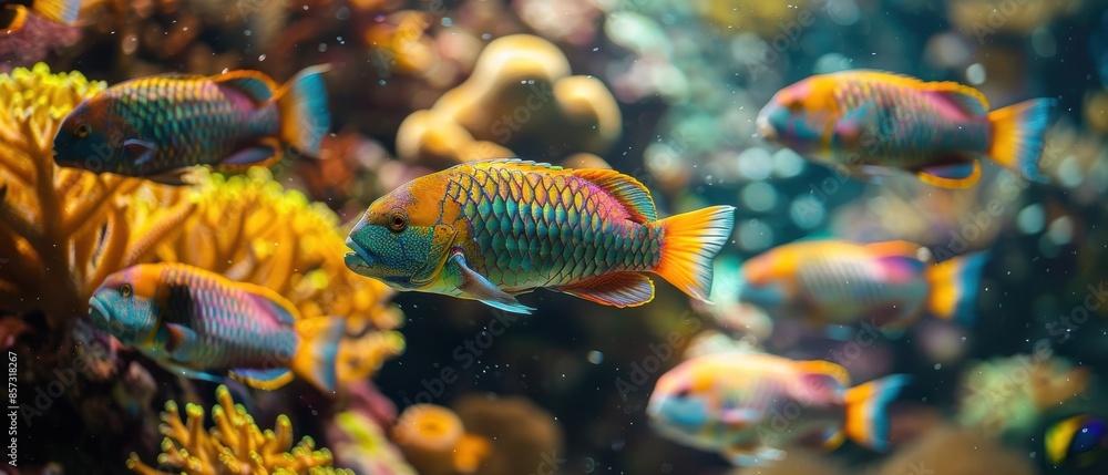 Group of parrotfish nibbling on coral in a vibrant reef ecosystem Group of parrotfish nibbling on coral in a vibrant reef ecosystem