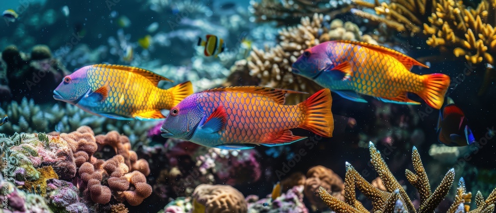 Group of parrotfish nibbling on coral in a vibrant reef ecosystem Group of parrotfish nibbling on coral in a vibrant reef ecosystem
