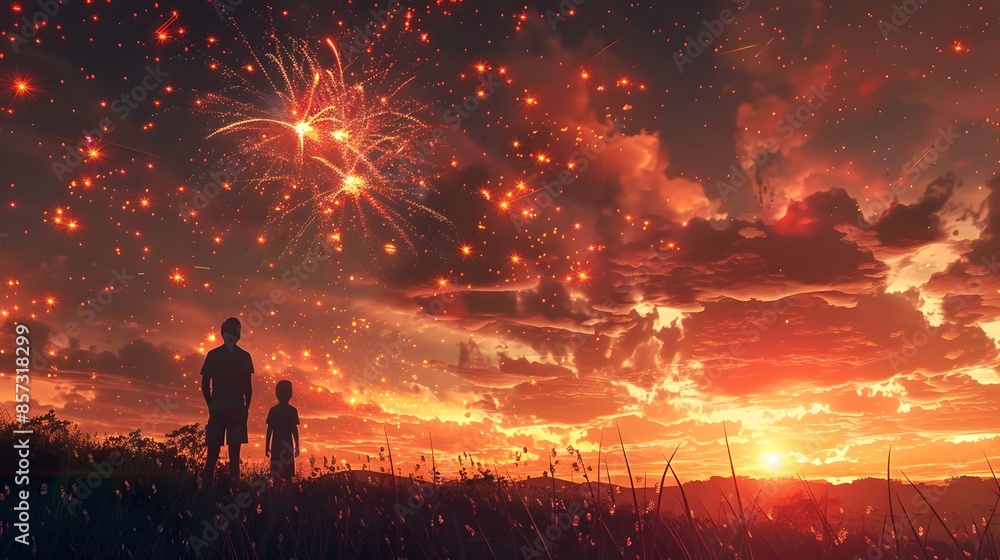 Fototapeta premium Family Enjoying Fireworks Display on Hilltop at Night