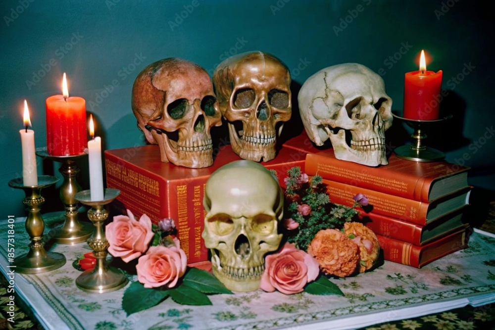 Spooky still life compositions with skulls, candles, and books Spooky still life compositions with skulls, candles, and books