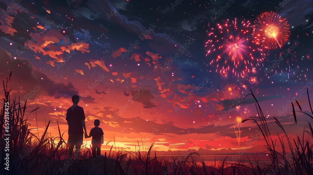 Fototapeta premium Family Watching Fireworks from a Hilltop in Peaceful Minimalist 3D Render