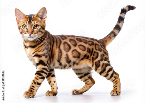 Confident Bengal Cat Walking on White Background. Generative AI