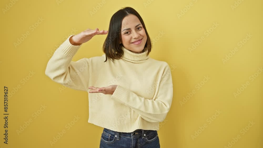 Cheerful young hispanic woman in yellow sweater expressing size with enthusiastic hand gesture - large scale concept on vibrant isolated background Cheerful young hispanic woman in yellow sweater expressing size with enthusiastic hand gesture - large scale concept on vibrant isolated background