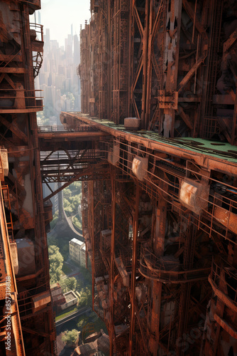 Rusty industrial constructions over decayed city. Post-apocalyptic sci-fi landscape with city ruins.