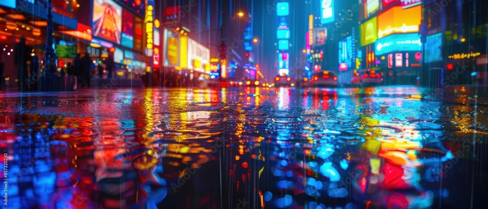 Obraz premium Higefinition background of a vibrant city street in the rain, with reflections and colorful lights, suitable for urban and dramatic themes