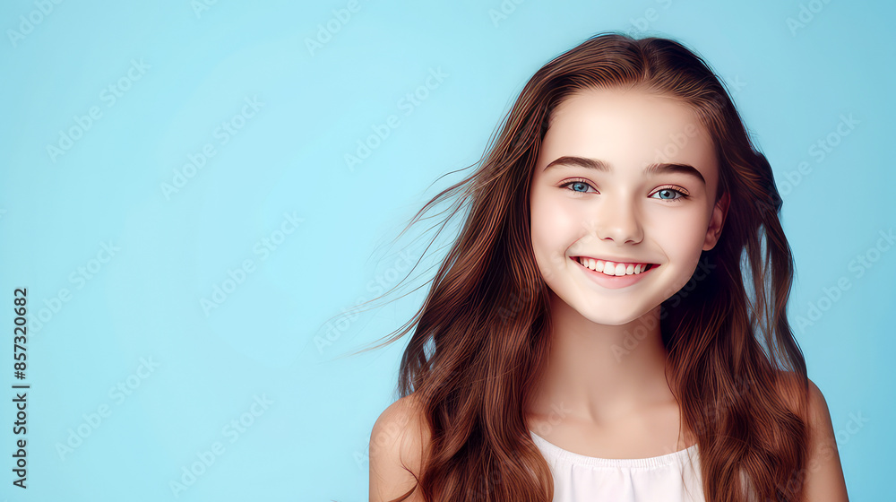 Portrait of a smiling cheerful teenage girl with perfect skin, light blue background, banner. Portrait of a smiling cheerful teenage girl with perfect skin, light blue background, banner.