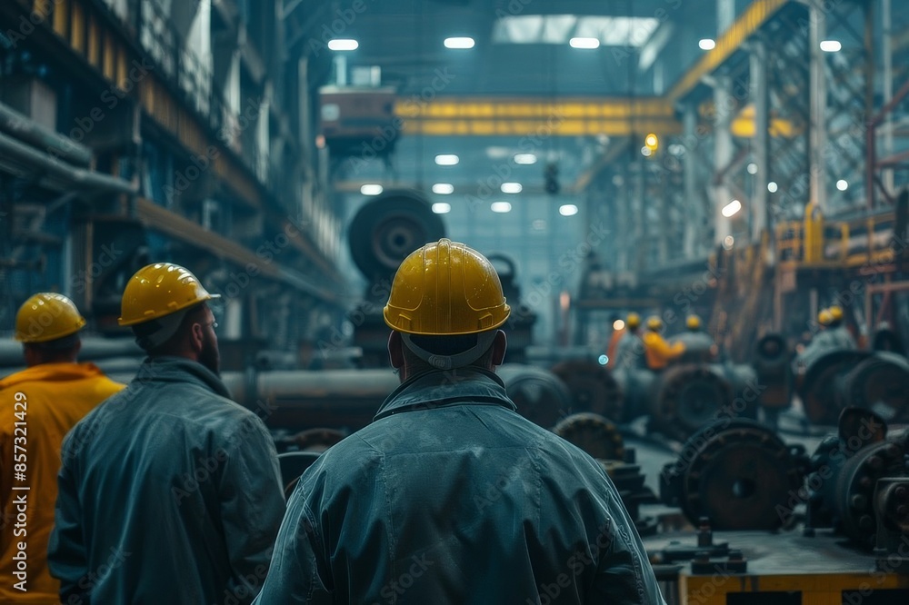Workers In Yellow Hard Hats Looking At Large Machinery Inside Industrial Factory Workers In Yellow Hard Hats Looking At Large Machinery Inside Industrial Factory