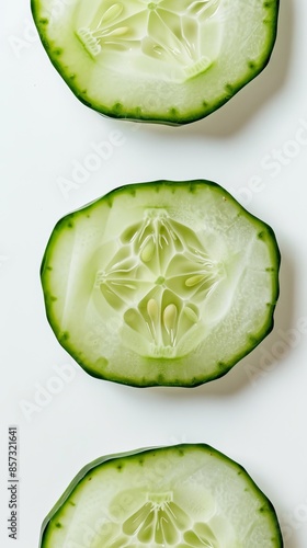 Close-up shots of fresh cucumber slices on a white background
