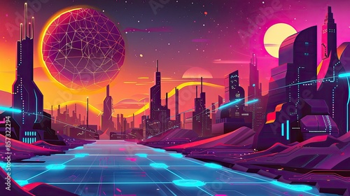 Fototapeta Naklejka Na Ścianę i Meble -  Futuristic cityscape with blockchain nodes