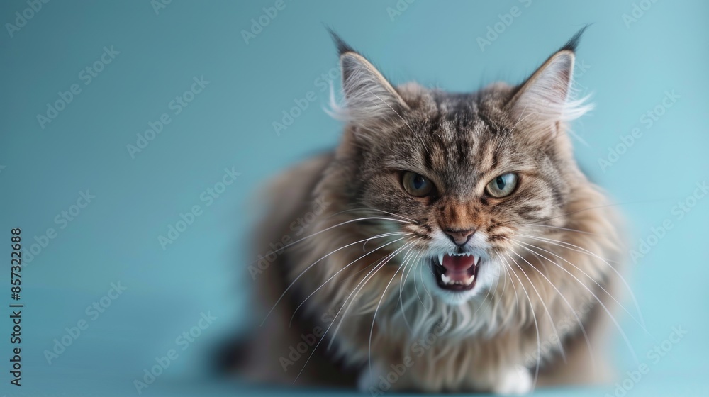Norwegian Forest Cat, angry cat baring its teeth, studio lighting pastel background