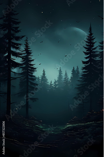 night view of the forest with a dark background, trees mountains land hills valleys at night, Generative AI photo