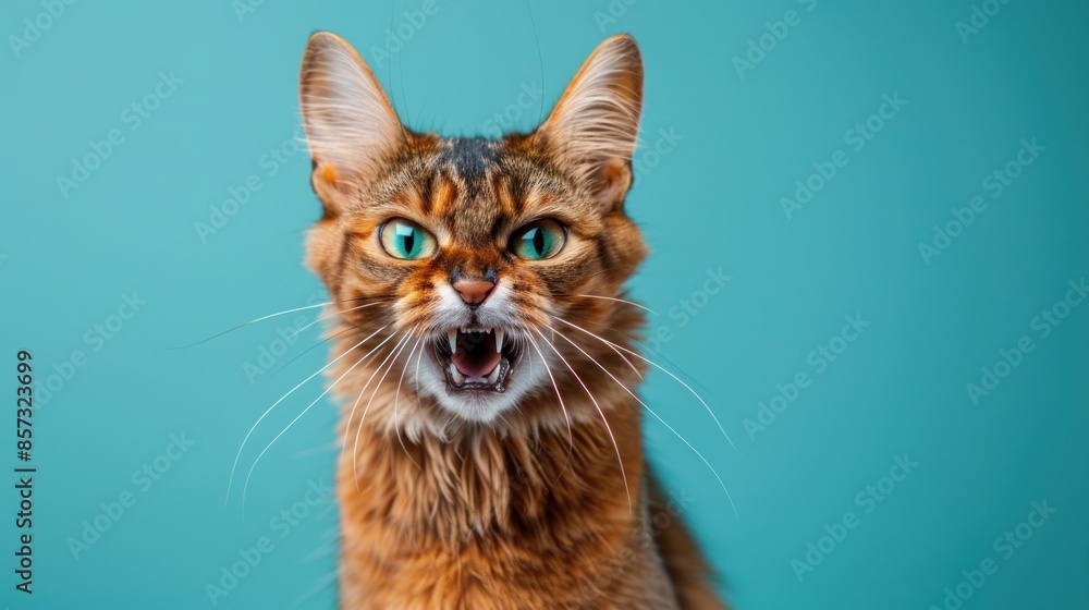 Somali, angry cat baring its teeth, studio lighting pastel background Somali, angry cat baring its teeth, studio lighting pastel background