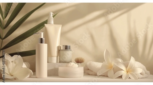 A pristine spa scene featuring a luxurious array of facial treatment products on a soft beige background, capturing the essence of beauty and skincare.