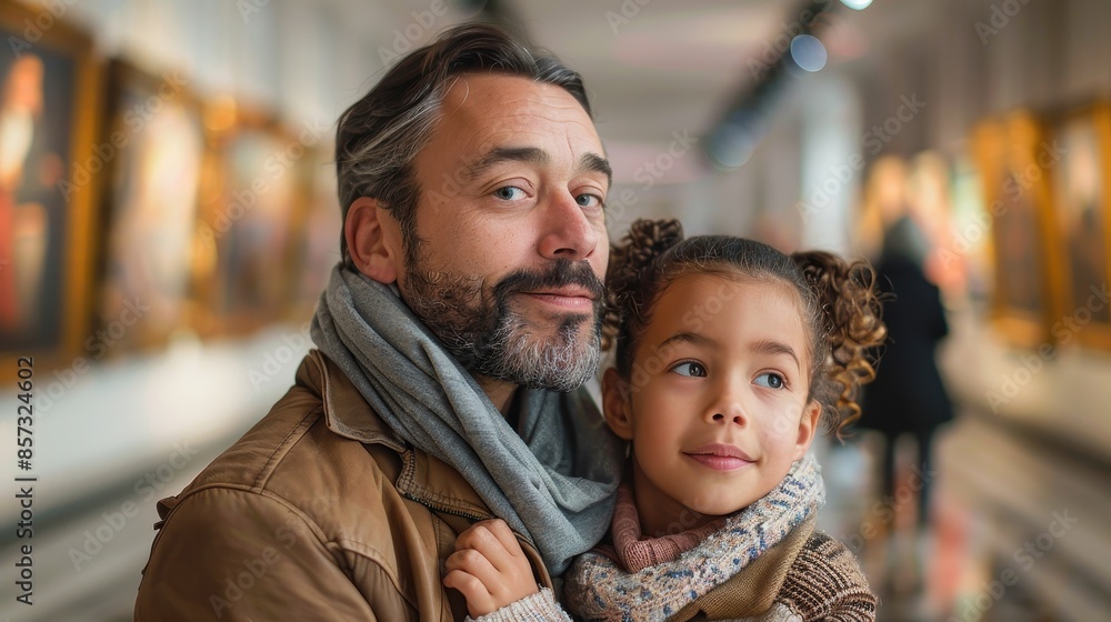 A thoughtful man with a scarf and a young girl in a cozy sweater enjoy their visit to an art gallery, surrounded by admired paintings. A thoughtful man with a scarf and a young girl in a cozy sweater enjoy their visit to an art gallery, surrounded by admired paintings.