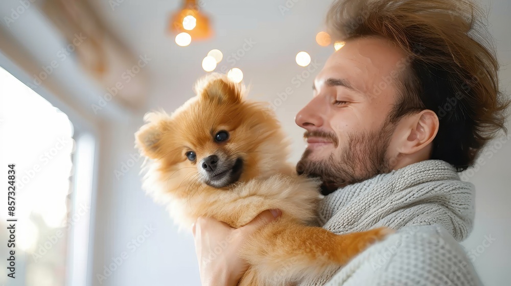 A person holds a fluffy Pomeranian dog near a window, with warm indoor lighting in the background, capturing a tender and loving moment of companionship and pet care. A person holds a fluffy Pomeranian dog near a window, with warm indoor lighting in the background, capturing a tender and loving moment of companionship and pet care.
