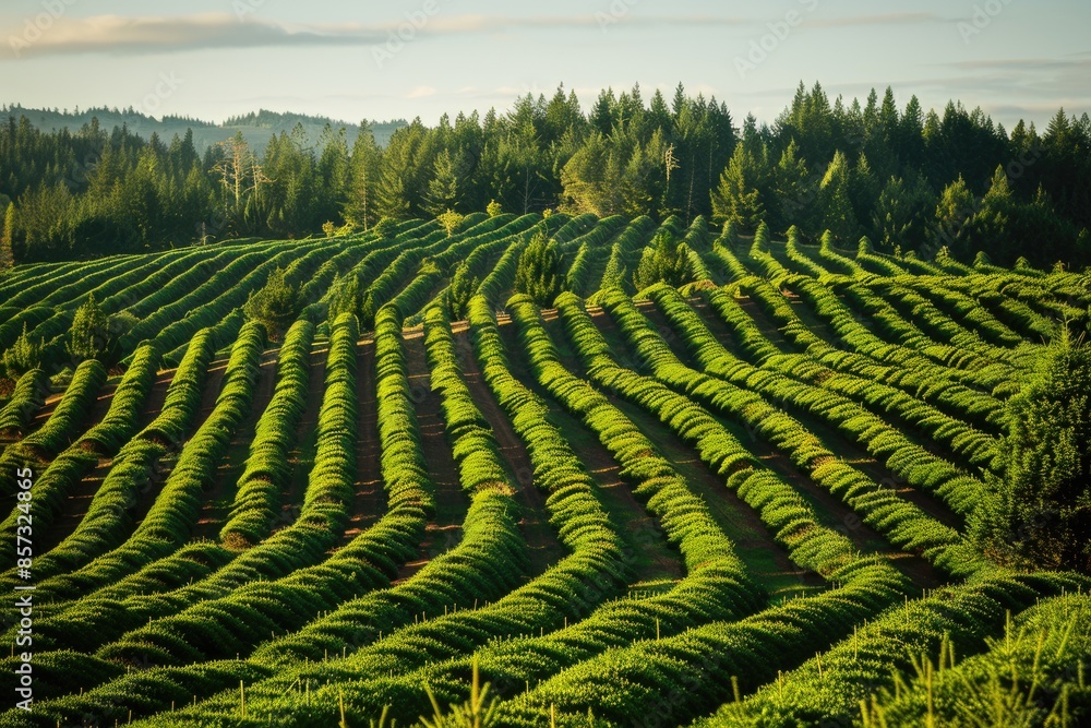 Christmas Tree Field. Rows of Perfectly Aligned Douglas Fir Trees in Lush Green Forest Setting Christmas Tree Field. Rows of Perfectly Aligned Douglas Fir Trees in Lush Green Forest Setting