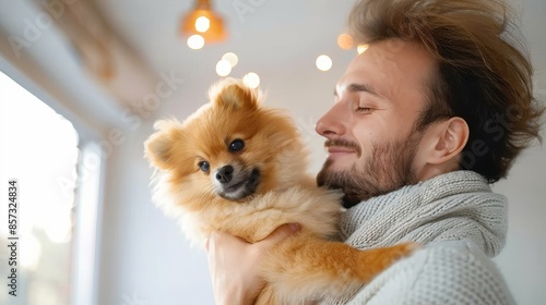 A person holds a fluffy Pomeranian dog near a window, with warm indoor lighting in the background, capturing a tender and loving moment of companionship and pet care. © Pinklife