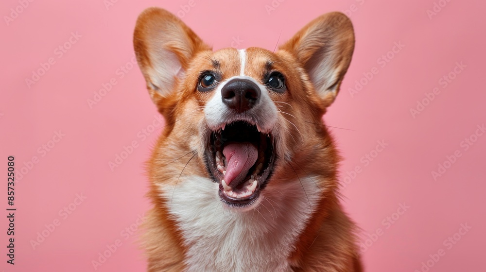 Pembroke Welsh Corgi, angry dog baring its teeth, studio lighting pastel background Pembroke Welsh Corgi, angry dog baring its teeth, studio lighting pastel background