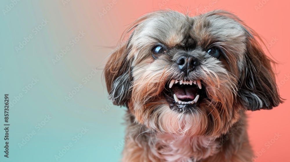 Shih Tzu, angry dog baring its teeth, studio lighting pastel background Shih Tzu, angry dog baring its teeth, studio lighting pastel background