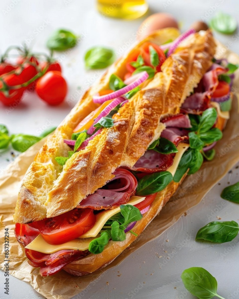 Ham, cheese, and vegetable sandwich, isolated on a white background Fresh, colorful ingredients, Generative AI image Ham, cheese, and vegetable sandwich, isolated on a white background Fresh, colorful ingredients, Generative AI image