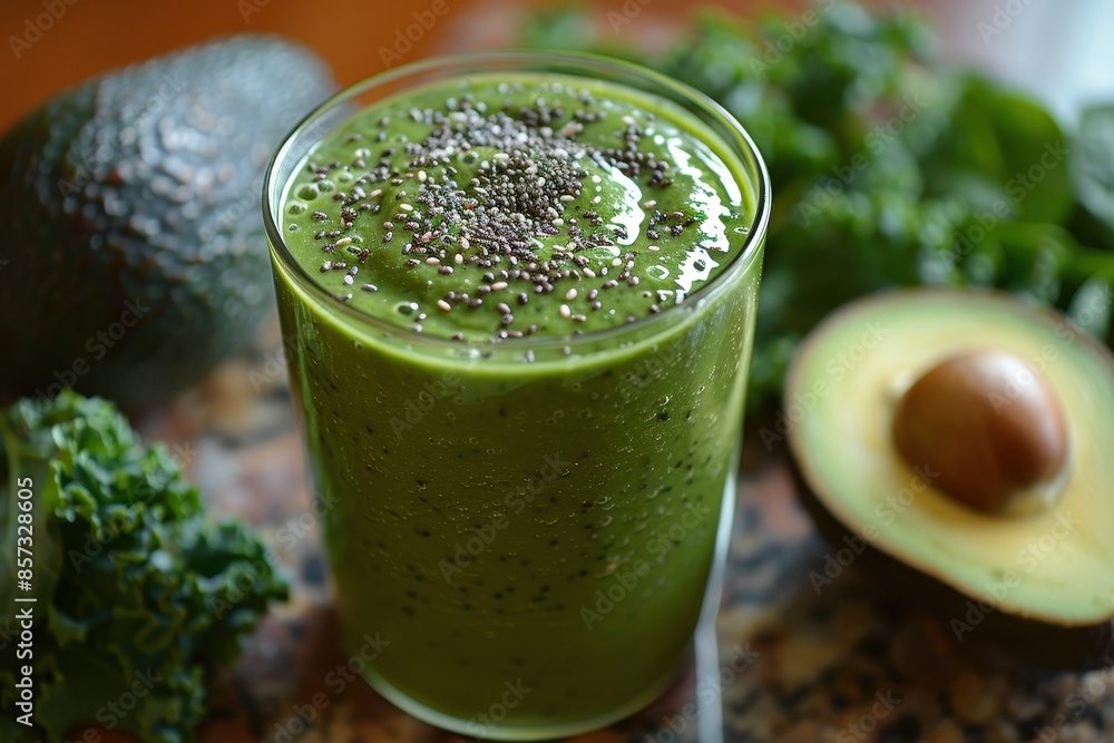 A healthy green smoothie in a glass jar, made with spinach, kale, banana, and avocado, topped with chia seeds. A healthy green smoothie in a glass jar, made with spinach, kale, banana, and avocado, topped with chia seeds.