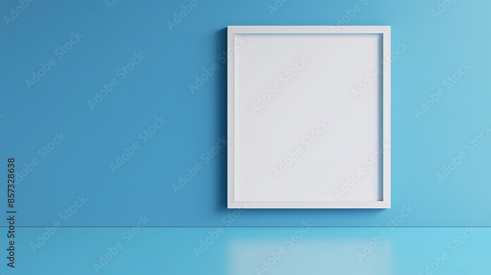 Angle Wall. Empty White Frame and Blank Poster Canvas Mock-Up Gallery on Blue Wall Angle Wall. Empty White Frame and Blank Poster Canvas Mock-Up Gallery on Blue Wall