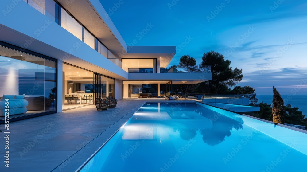 The modern facade of a luxury villa with a large swimming pool. Luxury MODERN property. 