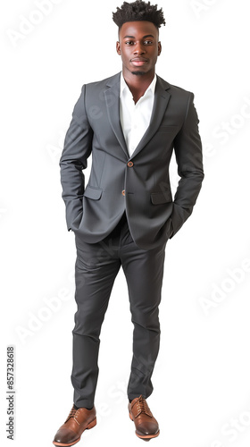 Young Black African American businessman, wearing a Gray suit and black shoes. full body portrait Isolated white transparent background
