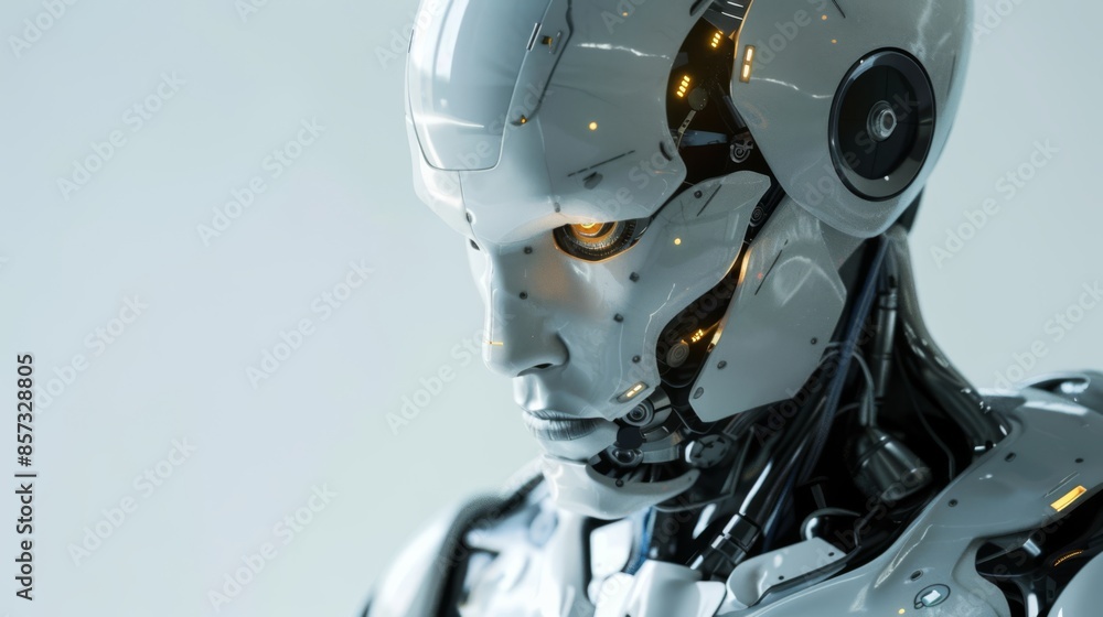 Close-up of an advanced humanoid robot with an illuminated eye and detailed mechanical features. High-tech, futuristic design showcasing cutting-edge artificial intelligence Close-up of an advanced humanoid robot with an illuminated eye and detailed mechanical features. High-tech, futuristic design showcasing cutting-edge artificial intelligence