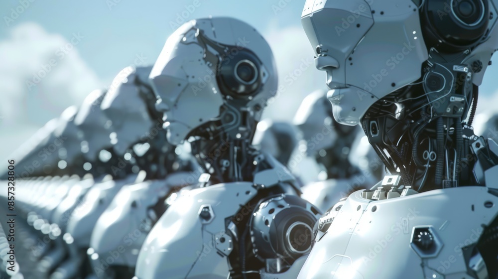 Row of futuristic humanoid robots in a high-tech environment. Sleek, mechanical design showcasing advanced artificial intelligence and robotics technology Row of futuristic humanoid robots in a high-tech environment. Sleek, mechanical design showcasing advanced artificial intelligence and robotics technology