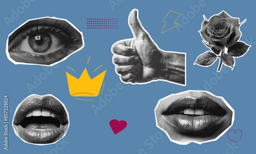 girly grunge punk halftone collage with eyes, lips, hands cut out of paper