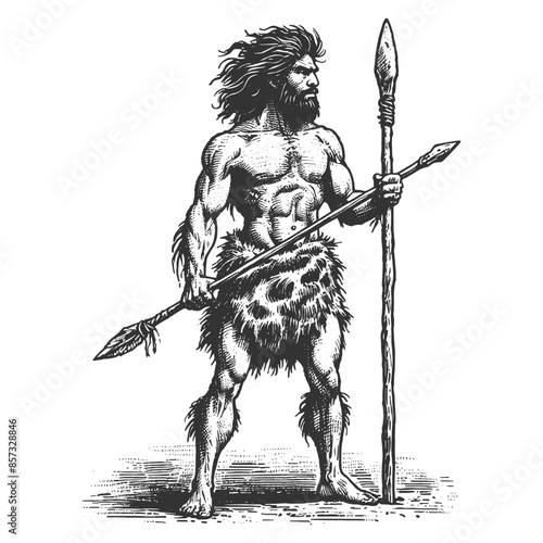 prehistoric caveman holding a spear, showcasing primitive human life and ancient survival tools sketch engraving generative ai vector illustration. Scratch board imitation. Black and white image.