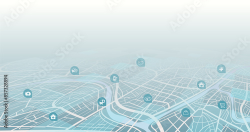 Destinations. Isometric Gps tracking map. Track navigation pin on street maps, navigate mapping locate position pin. Isometric abstract map background. Digital art. Editable vector illustration